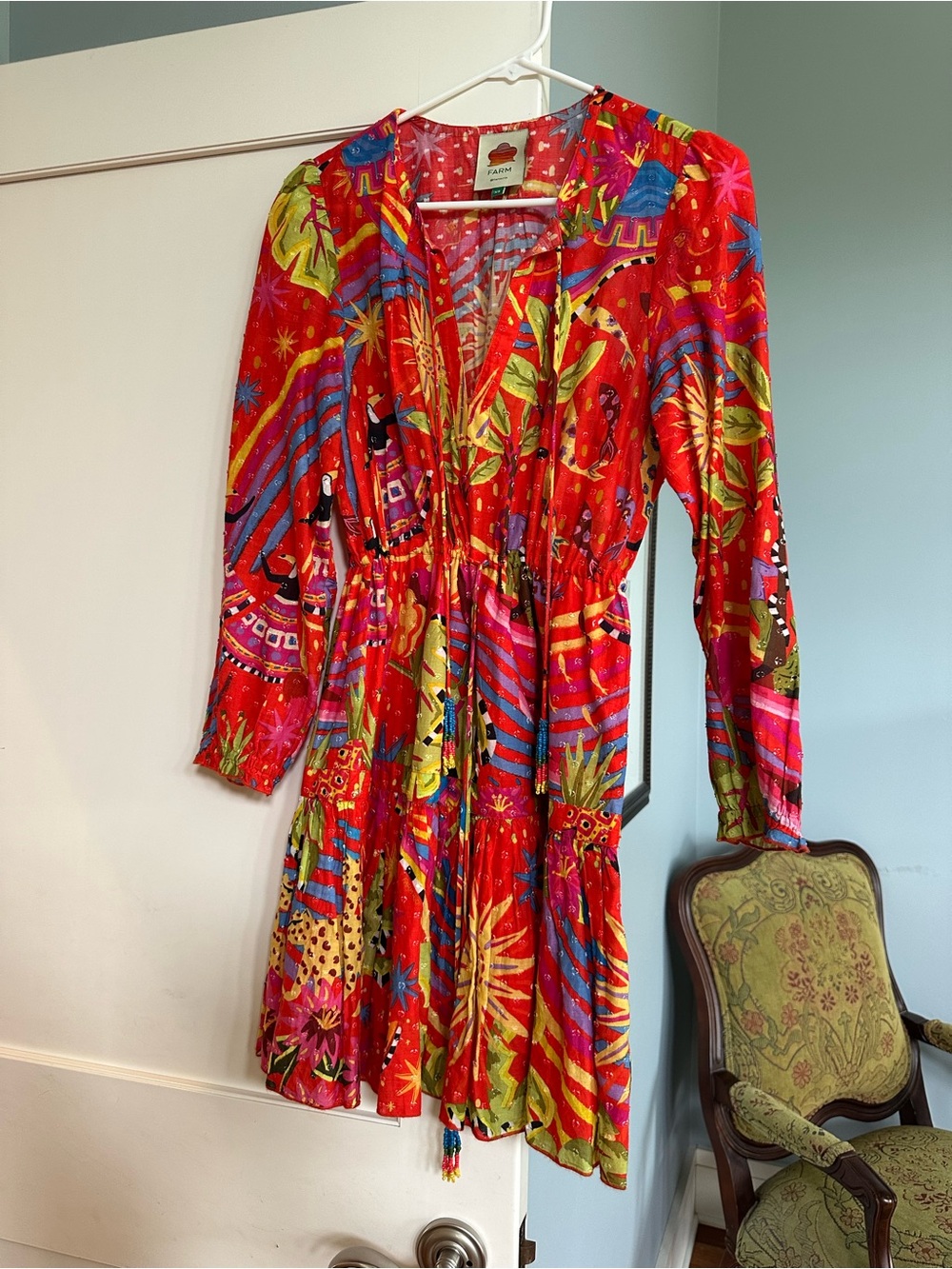 FARM Rio Vibrant Red Multicolor Printed V-Neck Tiered Dress - Picture 2 of 3